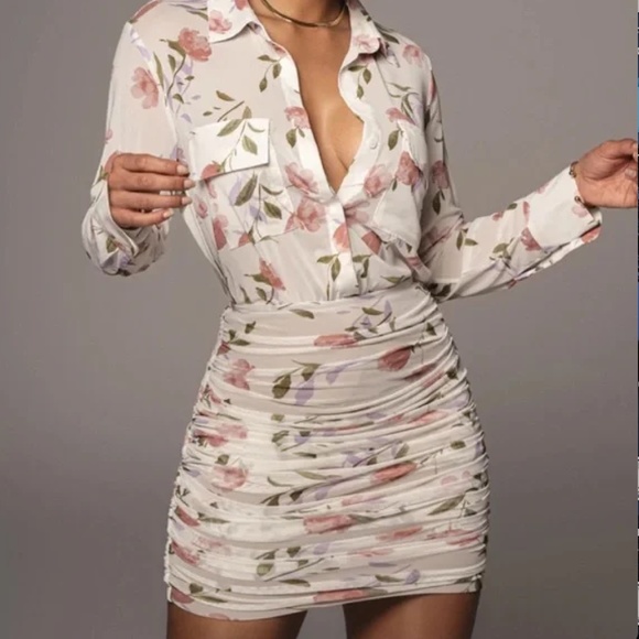 JLUXLABEL IVORY FLORAL SHEER MESH BUTTON UP TOP & RUCHED SKIRT - BRAND NEW - Picture 1 of 6